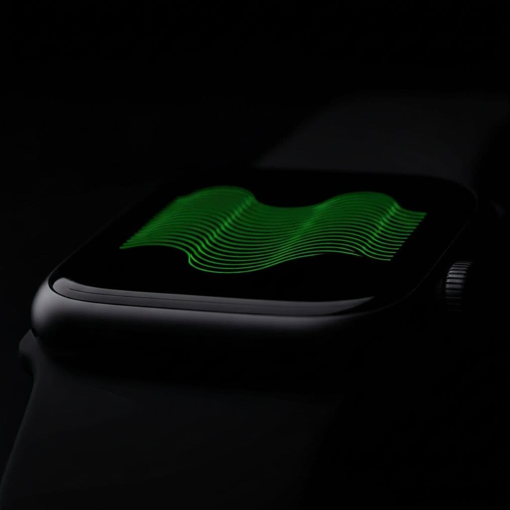 Close-up of a smartwatch lying in darkness, its screen glowing with a green vibration waveform