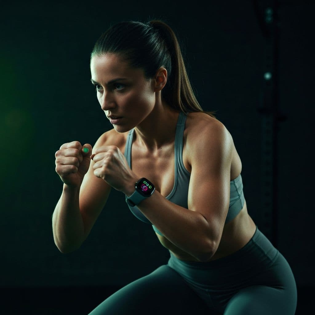 Focused athlete in a guard stance training in a dark gym, wearing a smartwatch with activity rings on the screen