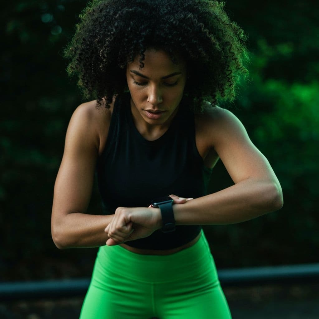 Athlete in a black top and bright green leggings pausing outdoors to check the smartwatch on her wrist